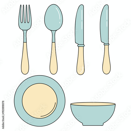Set of pastel kitchenware icons including fork spoon knives plate and bowl isolated on white background for dining and culinary themes