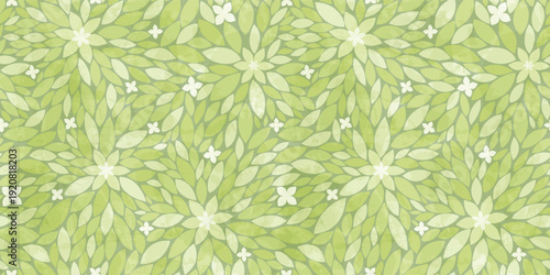 Seamless green leaf pattern with tiny white flowers, seamless botanical vector background for organic skincare branding, nursery textile, tea and herbal packaging