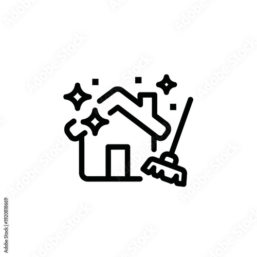 Cleaning and Housekeeping Service with Broom and Sparkling House Icon