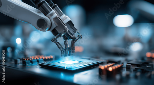 Futuristic robotic arm precisely assembling glowing semiconductor chip on illuminated circuit board.