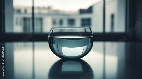 Clear glass bowl filled with water, on a reflective surface, against a blurred window background.