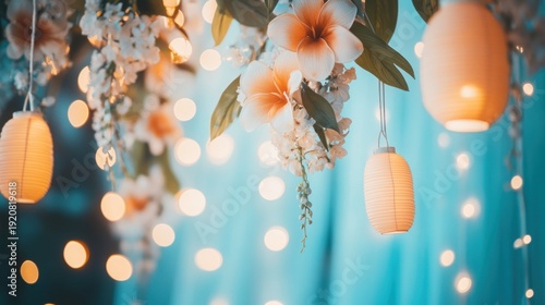 Soft, decorative lanterns hanging among flowers.