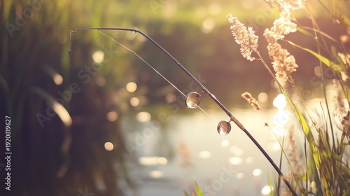 Fishing rod with dew drops on a sunny morning by a still body of water.