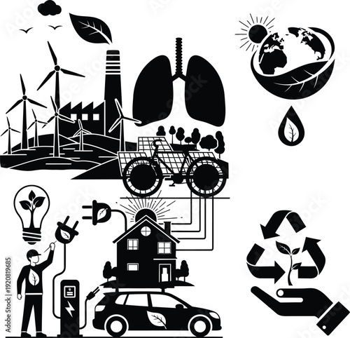 Set of black and white eco icons for sustainable energy featuring wind turbines solar panels electric cars and recycling symbols for green living.
