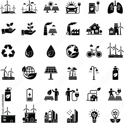 Collection of black ecology and renewable energy icons featuring solar panels wind turbines electric cars and recycling symbols for sustainable design.