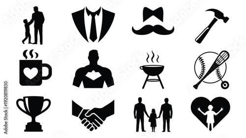 Fathers day minimalist silhouette icons set for greeting cards and social media posts with family love and leisure symbols