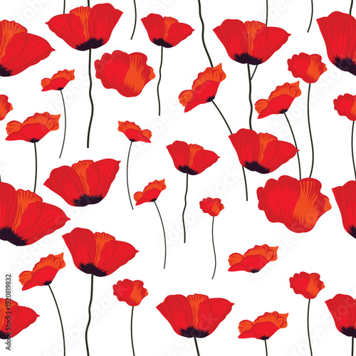 Fashion floral seamless vector fabric pattern with red poppy flowers on white background 