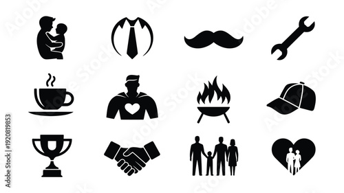 Fathers day black silhouettes set for design including family tools and gifts on white background