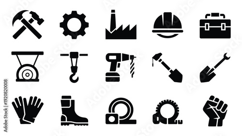 Industrial labor day silhouette icons set tools equipment and protective gear for workers and construction sites