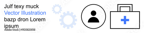 Healthcare, medical services, user profiles, technology, teamwork, gear operations. First aid kit with cross, user symbol and cogwheels in minimalist design. Healthcare and medical services theme