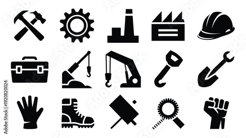 Industrial labor day silhouette icons set for workers and construction sites