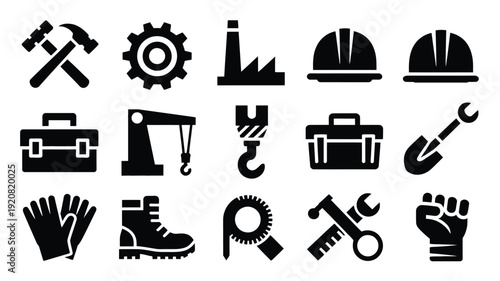 Industrial labor day silhouette icons set for business and industry concepts