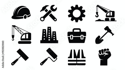 Construction icons set including hard hat tools crane gear and worker fist symbolizing labor and industry