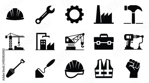 Construction labor day icons set including hard hat wrench gear factory hammer crane building tool box drill shovel safety vest fist industrial silhouette symbols