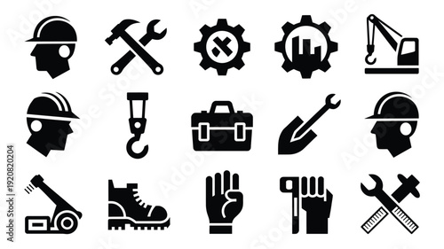 Construction worker silhouettes and tools icons set including hard hat hammer gear safety goggles wrench and other industry symbols on white background