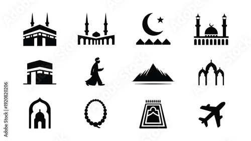 Vector illustration of various islamic and travel icons in black on white background for design and cultural projects