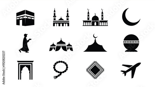 Islamic symbols and landmarks vector set including mosques crescent moon kaaba prayer beads and airplane on white background for travel and culture concepts