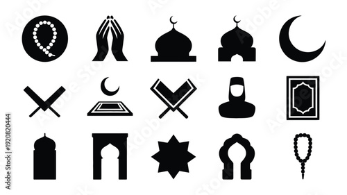Islamic prayer tasbih modern flat black silhouette icons set including mosque crescent moon and rosary on white background for design