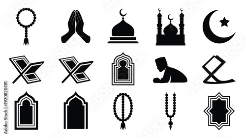 Islamic prayer icons and symbols set including mosque crescent moon prayer beads and book