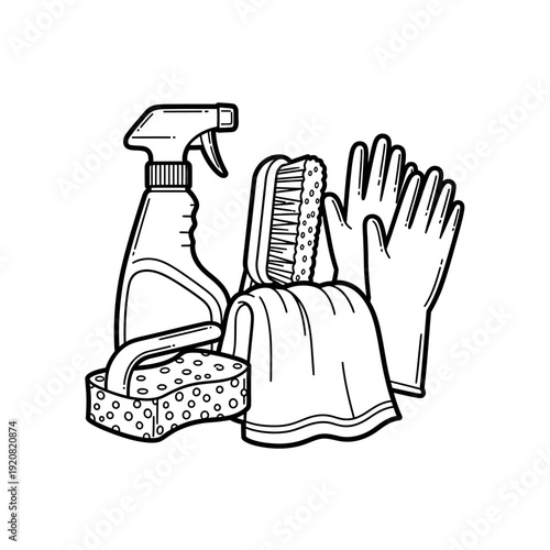 Cleaning Supplies and Household Tools Arranged for Home Cleaning Tasks