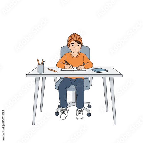 Young boy sitting at desk writing with pencils and notebook.