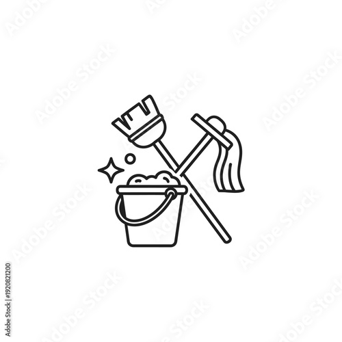 Cleaning Tools Icon with Buckets, Mop and Broom for Janitorial Services