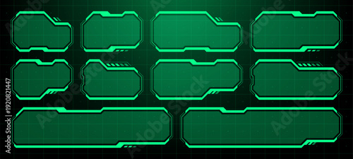 Green head up display with interface elements. Futuristic hud vector graphic dashboard set for vr gaming or virtual reality concept innovation.