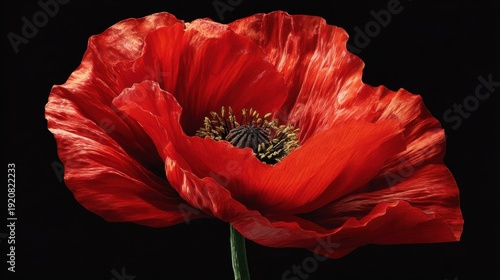 A vibrant red poppy flower stands out with its layered petals against a black background. The flower reveals its center filled with seeds highlighting its natural form.