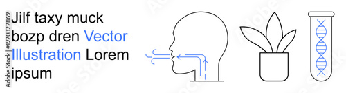 Health, research, biology, environment, science, education. A side profile airflow, a test tube with DNA helix and a potted plant. Health and research concepts