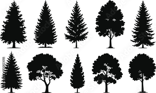 Collection of mixed tree silhouettes isolated on white background, black pine and deciduous forest vector illustrations in various natural shapes