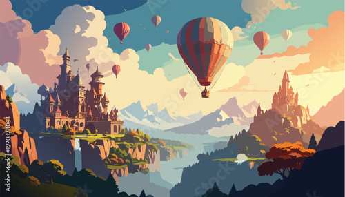 Fantasy castle with hot air balloons flying over misty mountains and waterfalls at sunset