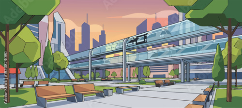 Modern monorail passing through a city park with futuristic skyscrapers