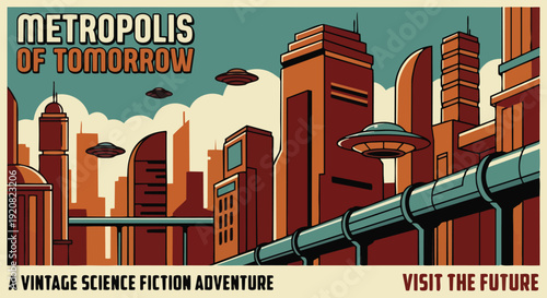 Retro futuristic city poster with flying saucers and skyscrapers in vintage science fiction style