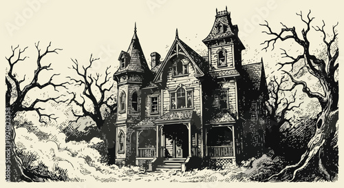 Spooky haunted old Victorian mansion in spooky landscape with bare trees and dark clouds