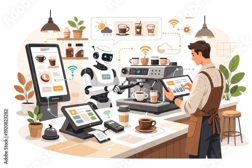 AI barista operates advanced coffee machine with digital tablet and smart technology