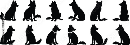 Collection of sitting dog silhouettes isolated on white background, black domestic canine vector illustrations in various poses for pet design