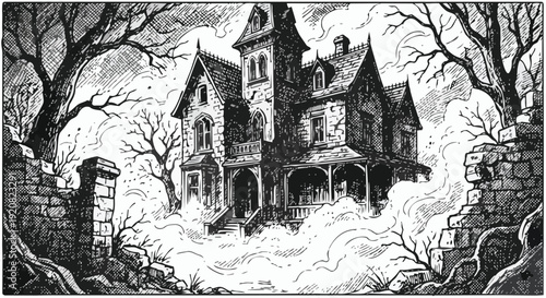 Spooky haunted old Victorian mansion with bare trees and eerie fog in black and white