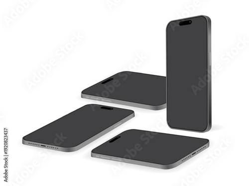 3D Smartphone Vector Mockup Set with Blank Screen. Modern Black Mobile Phone in Multiple Angles for UI UX App Presentation Design