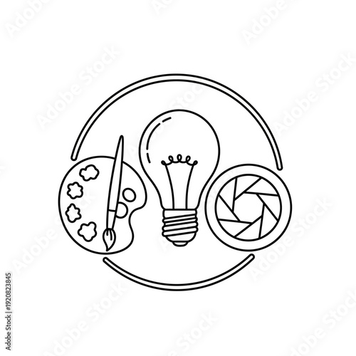 Creative Artistic Concept with Lightbulb, Color Palette, and Camera Lens for Innovation