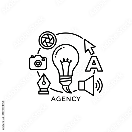 Creative Agency Concept Illustration with Light Bulb and Digital Elements for Innovation and Branding