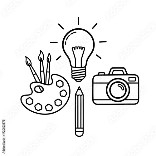 Creative Artistic Inspiration with Light Bulb Paint Palette Pencil and Camera