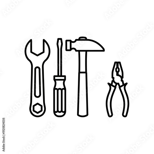 Collection of Basic Hand Tools including Wrench Screwdriver Hammer and Pliers for DIY repair work