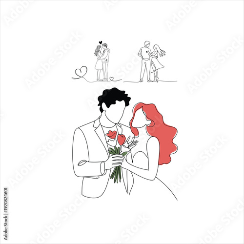 Couple Embracing with Flowers Minimalist Line Art Romantic Scene