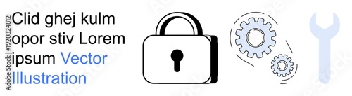 Cybersecurity, data protection, technology services, system maintenance, technical support, innovation. A padlock, gears and wrench security and optimization. Cybersecurity and data protection