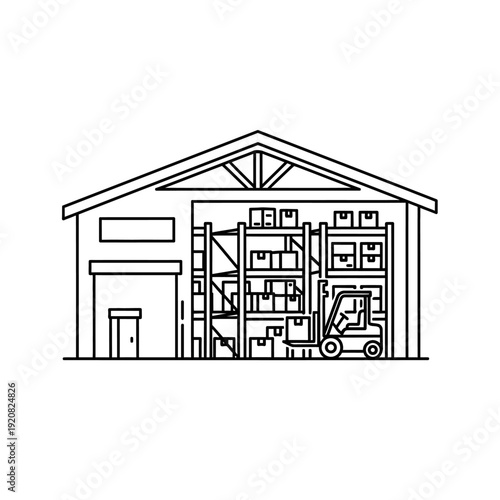 Detailed Cross-Section Illustration of Warehouse Storage with Shelving and Equipment