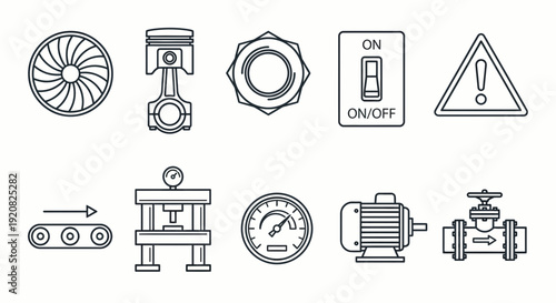 Collection of Industrial and Mechanical Engineering Icons representing machinery, equipment, and safety symbols for various applications