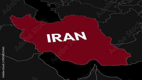 Iran map in red with bold text on dark background displaying geopolitical boundaries and neighboring countries