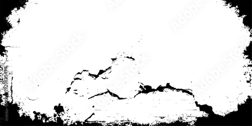 A dark grunge texture design featuring a black ink splat and liquid paint spray splatter on a dirty paper border illustration with a vector art frame