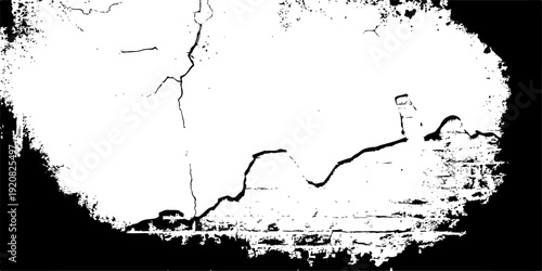 A dark grunge texture design featuring a black ink splat and liquid paint spray splatter on a dirty paper border illustration with a vector art frame.