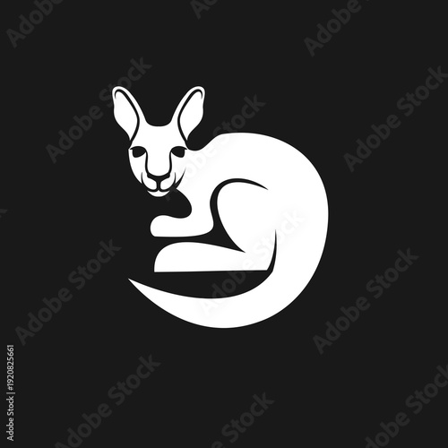 White Minimalist Kangaroo Logo Vector Icon on Black Background, Simple Stylized Marsupial Animal Silhouette Graphic Design Element